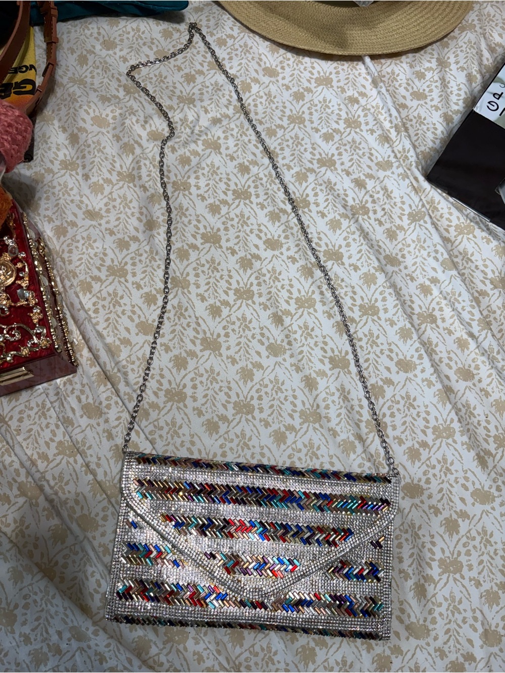 Silver Multicolor Beaded Evening Crossbody Bag